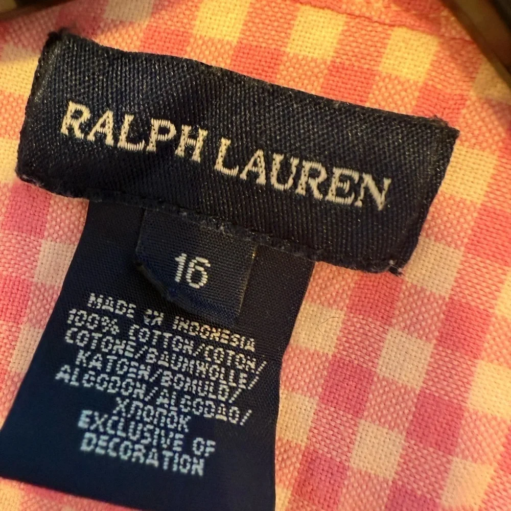 Ralph Lauren Girls Shirt Dress Pink/White Check Pleated Skirt Drop Waist Sz 16